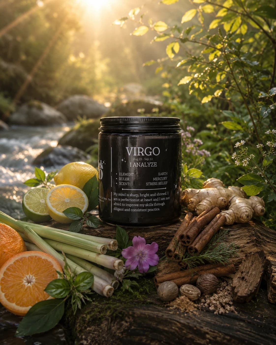Sanctuary — the Virgo season candle, styled with its scent's ingredients